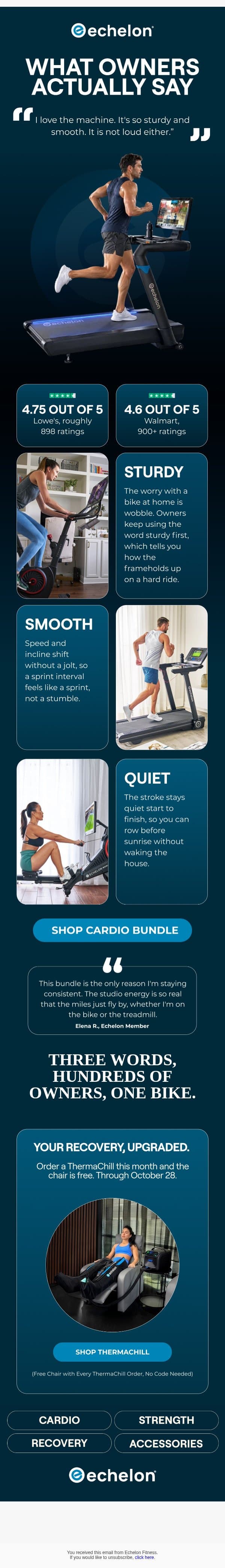 Sturdy, smooth, and quiet — owners agree. email from Echelon Fitness screenshot