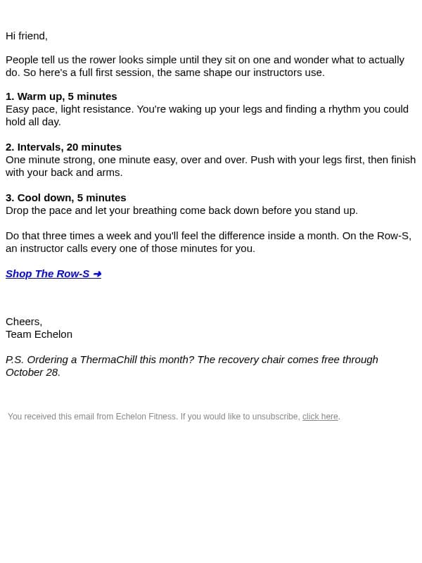 Your first 30 minutes on a rower email from Echelon Fitness screenshot
