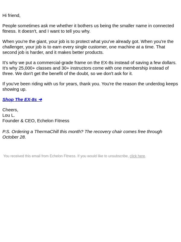 Being the Underdog email from Echelon Fitness