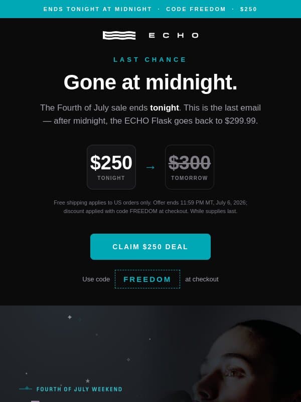$250 Flask: Gone at midnight email from Echo Water