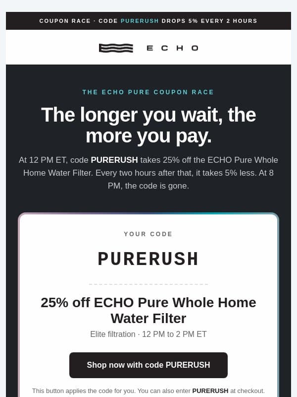 Whole Home Filtration — 25% → 20% → 15% → 10% email from Echo Water