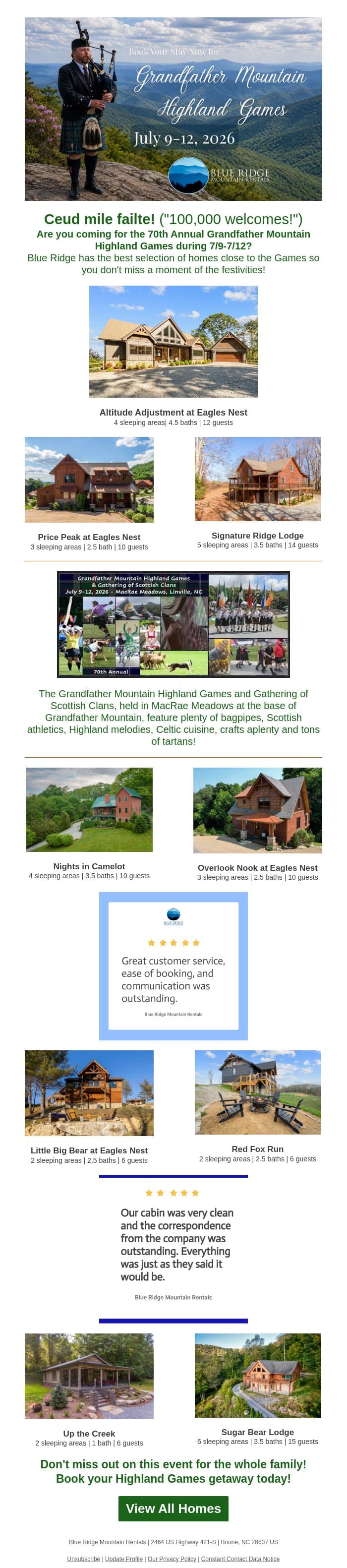 Coming for the Grandfather Mtn. Highland Games? Stay with Blue Ridge! email from Eco-Products screenshot