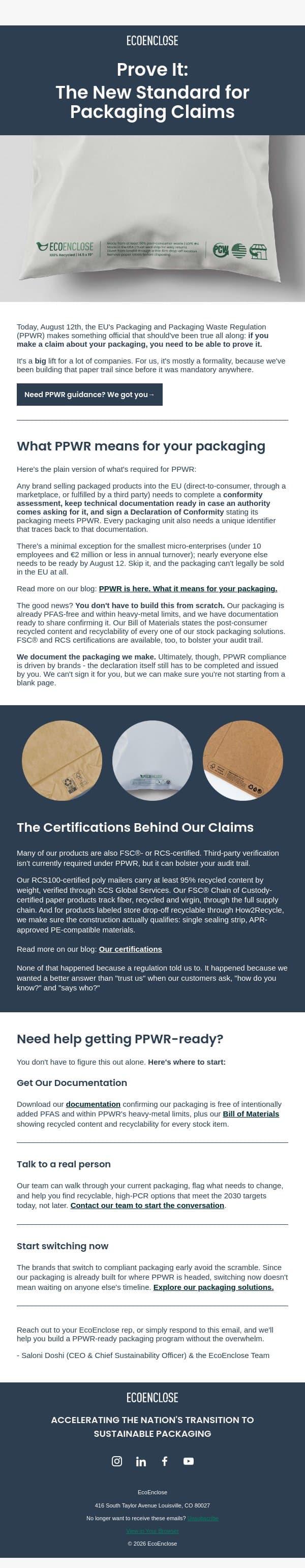 The paper trail behind your packaging matters email from EcoEnclose screenshot