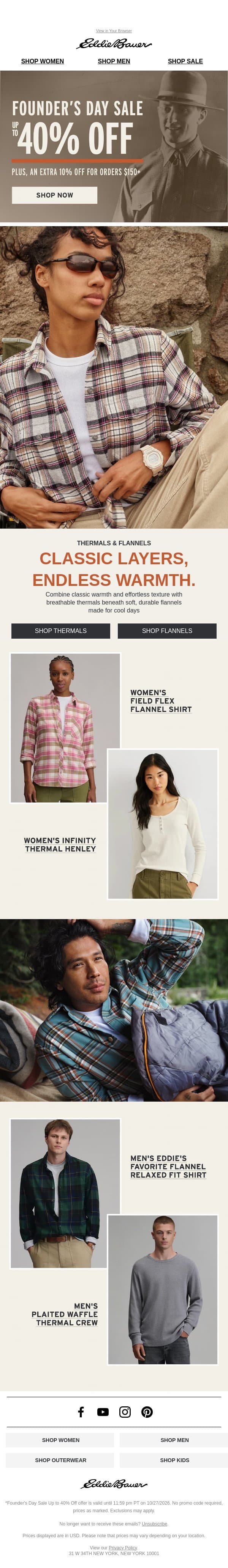 Up To 40% Off Thermals & Flannels email from Eddie Bauer screenshot