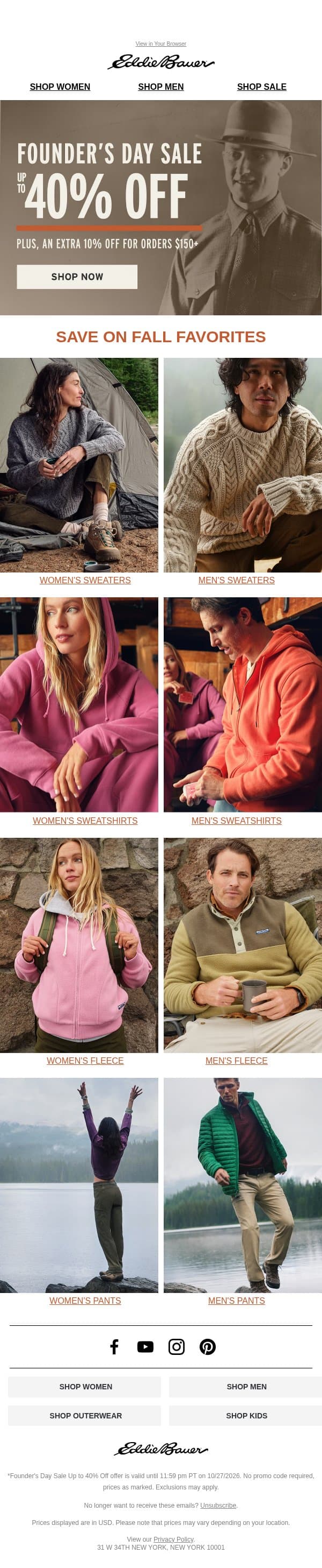 Founder’s Day Sale 40% Off: Fall Favorites Inside email from Eddie Bauer screenshot