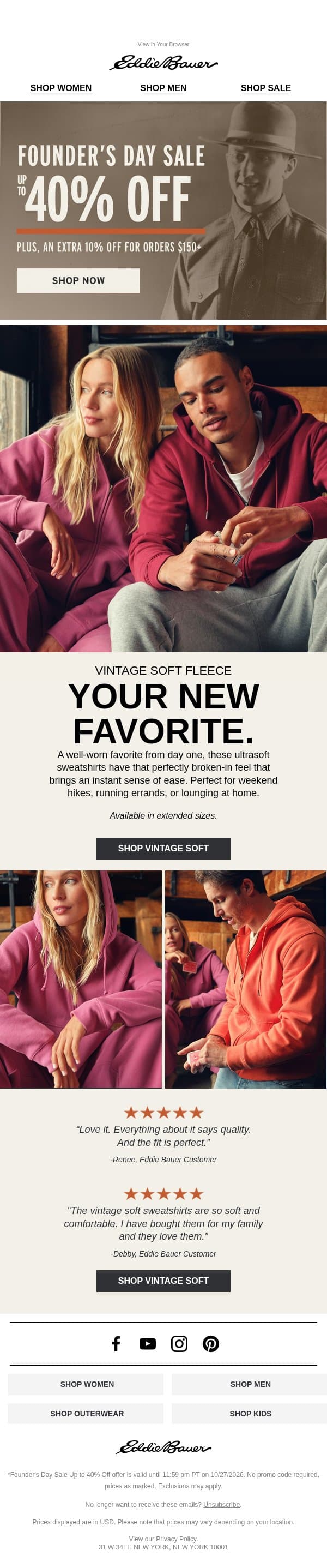 Vintage Soft Fleece 40% Off email from Eddie Bauer screenshot
