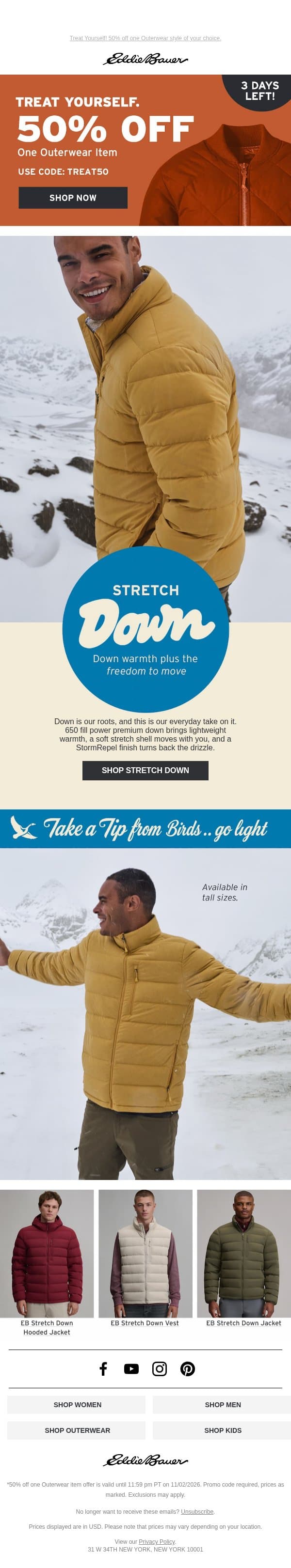 Treat Yourself: 50% Off Your New Stretch Down email from Eddie Bauer screenshot