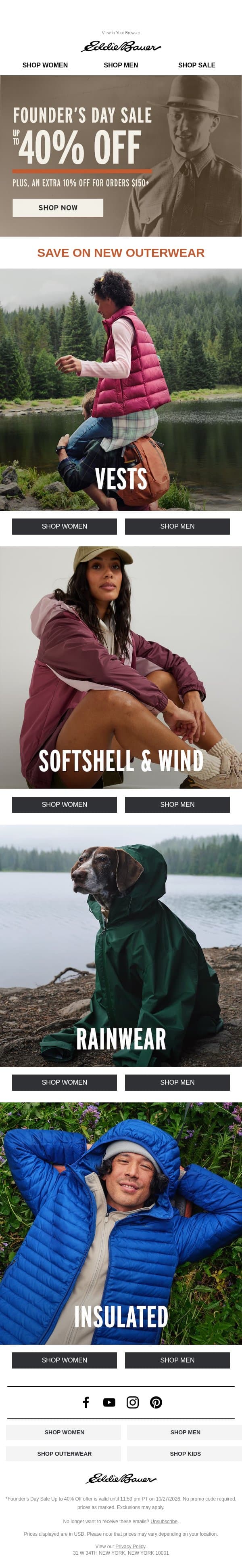 Up To 40% Off New Outerwear email from Eddie Bauer screenshot