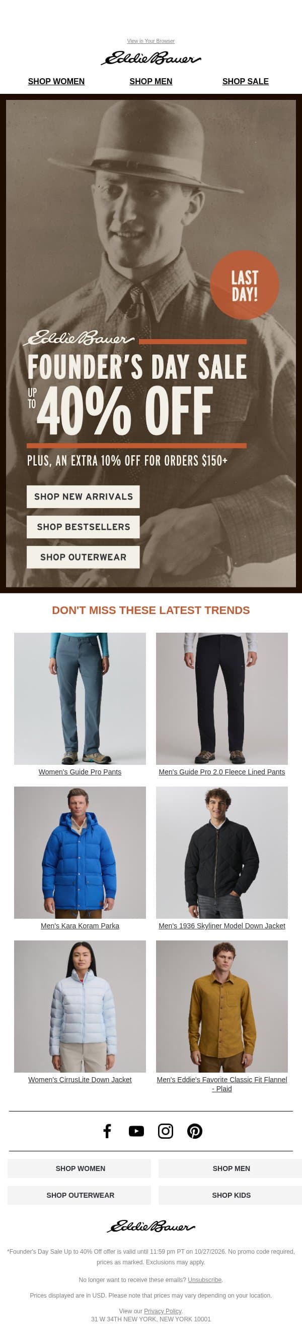 Last Day To Save Up To 40% email from Eddie Bauer screenshot