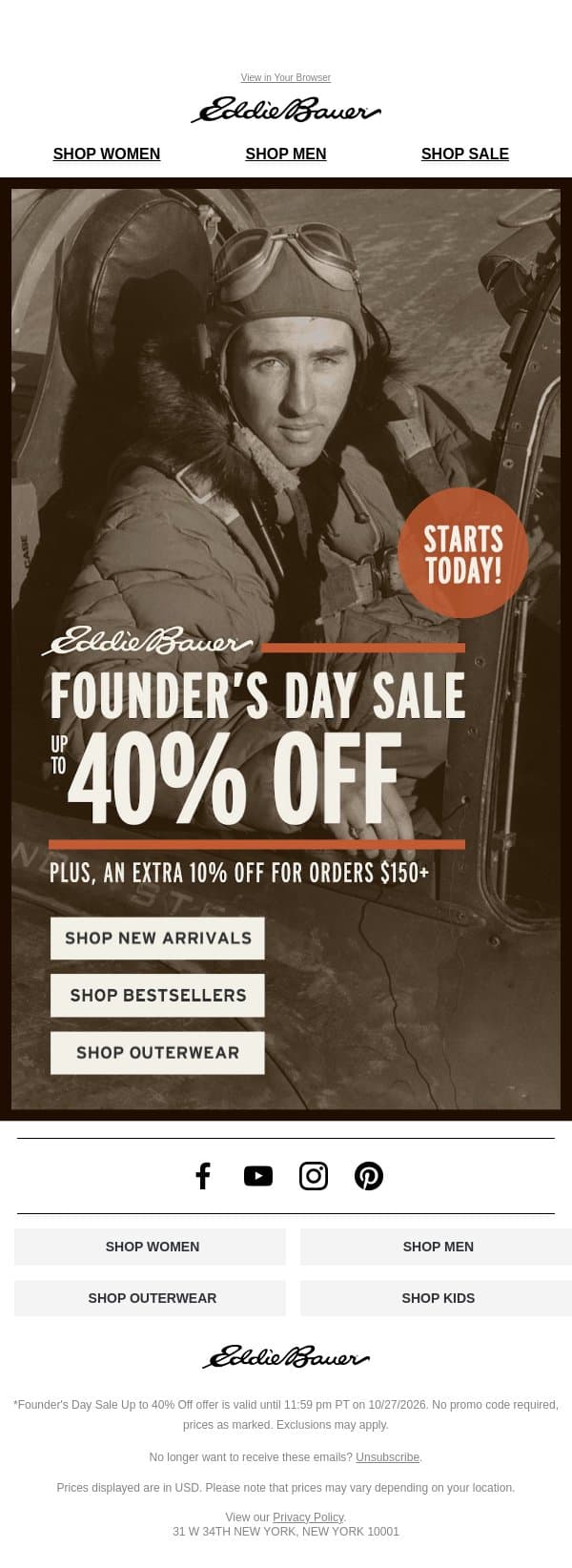 Founder’s Day Sale: Up To 40% Off Starts Today email from Eddie Bauer screenshot