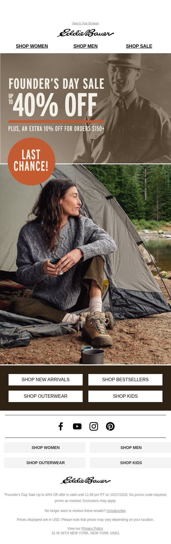 Final Hours: Up To 40% Off - Founder's Day Sale email from Eddie Bauer screenshot