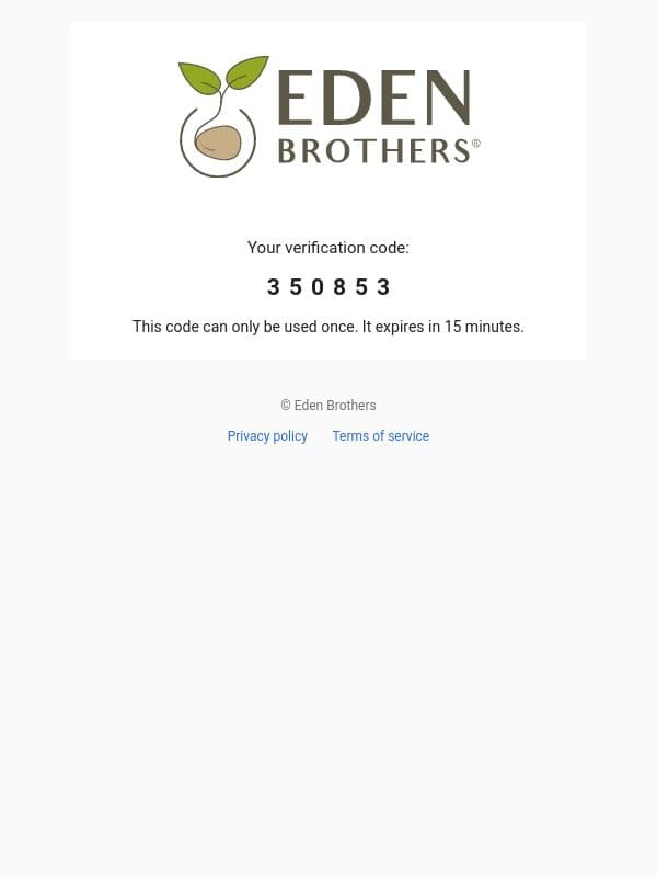 350853 is your code email from Eden Brothers screenshot