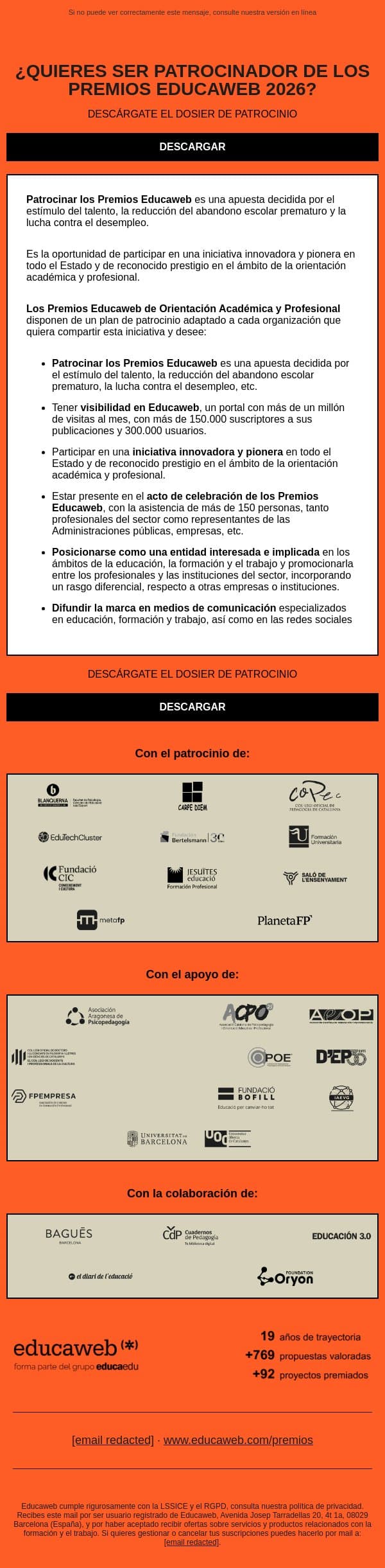 ¿Quieres ser patrocinador de los Premios Educaweb 2026? email from Educaweb screenshot