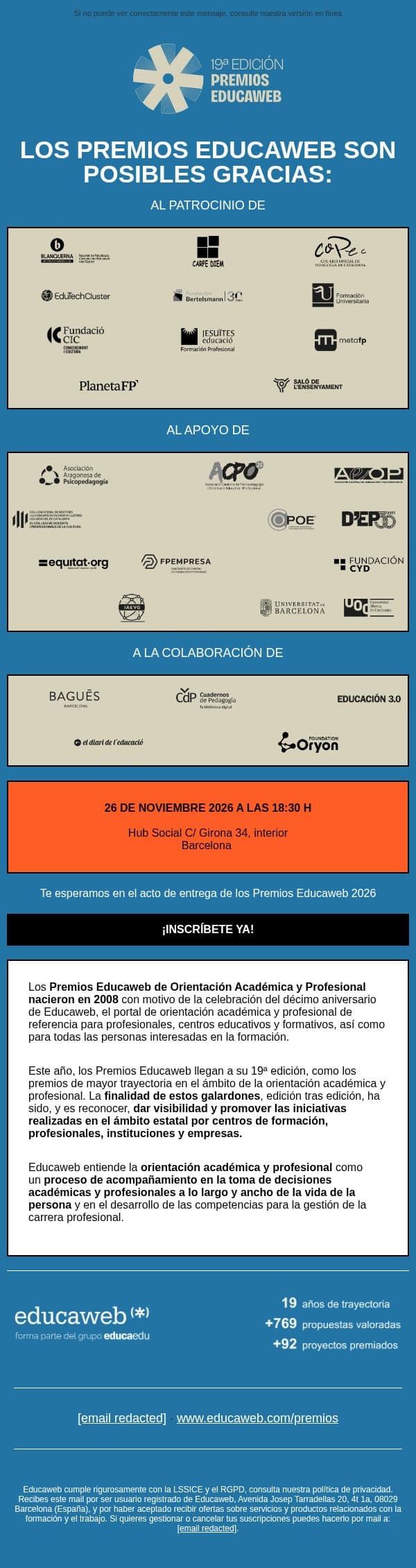 Los Premios Educaweb son posibles gracias a… email from Educaweb screenshot