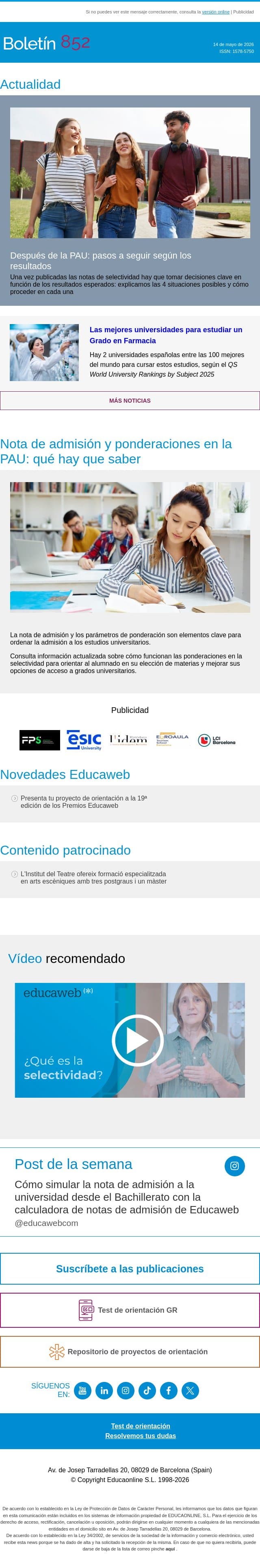 Después de la PAU: 4 situaciones posibles y cómo actuar email from Educaweb screenshot