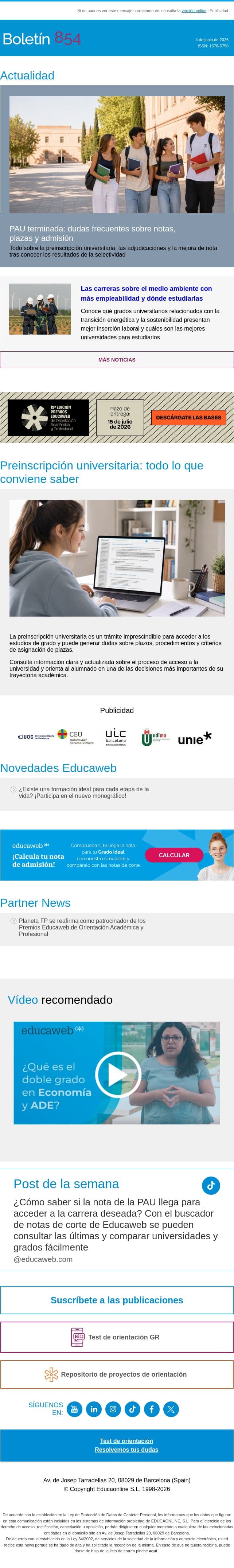 Guía para el acceso a la universidad tras la PAU email from Educaweb screenshot