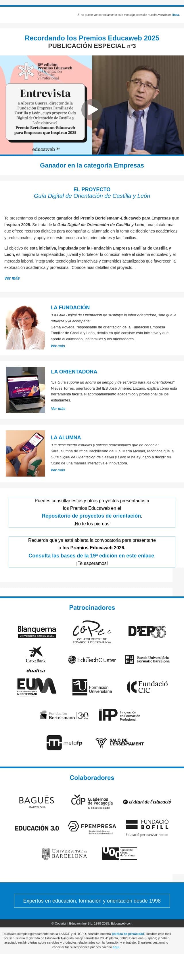 ¿Conoces el proyecto ganador del Premio Educaweb 2025 en la categoría Empresas? email from Educaweb screenshot