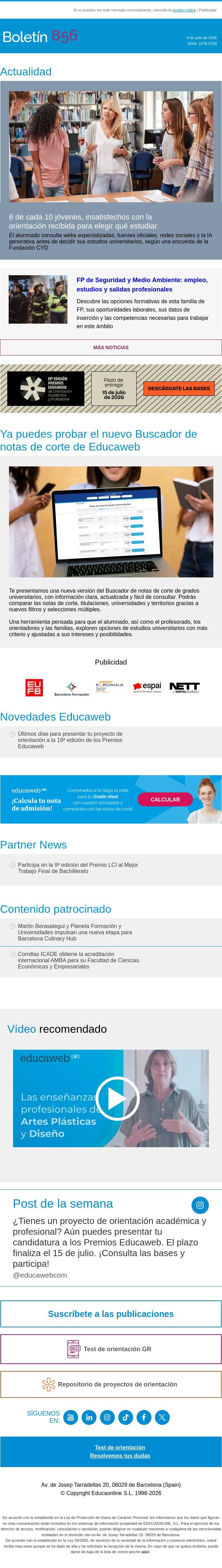 Orientación insuficiente + nuevo Buscador de notas de corte de Educaweb email from Educaweb screenshot