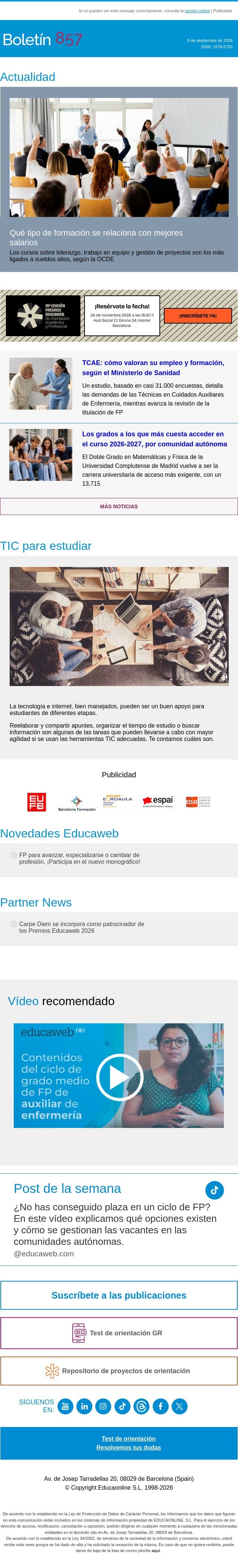 ¿Qué cursos se relacionan con mejores salarios? email from Educaweb screenshot