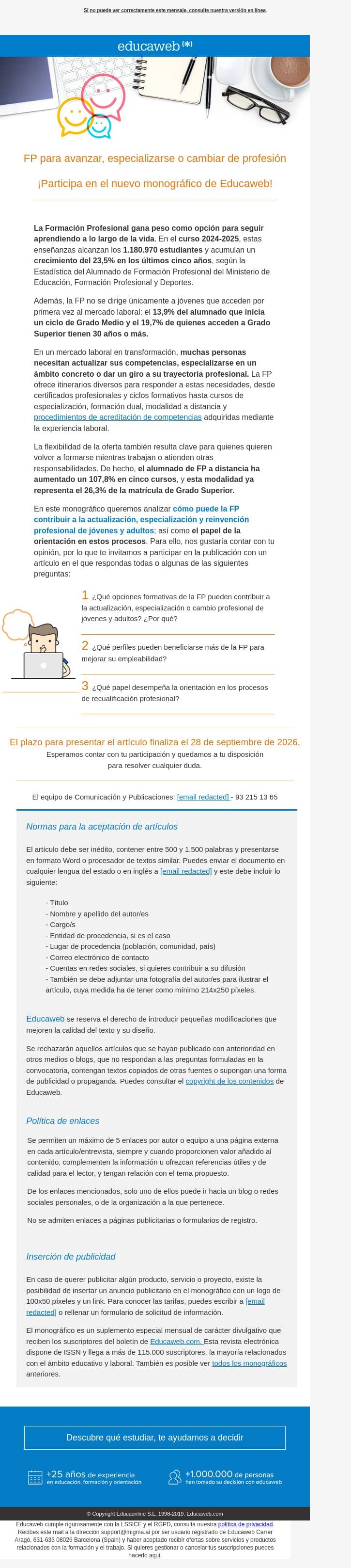 FP para avanzar, especializarse o cambiar de profesión. ¡Participa en el monográfico! email from Educaweb screenshot