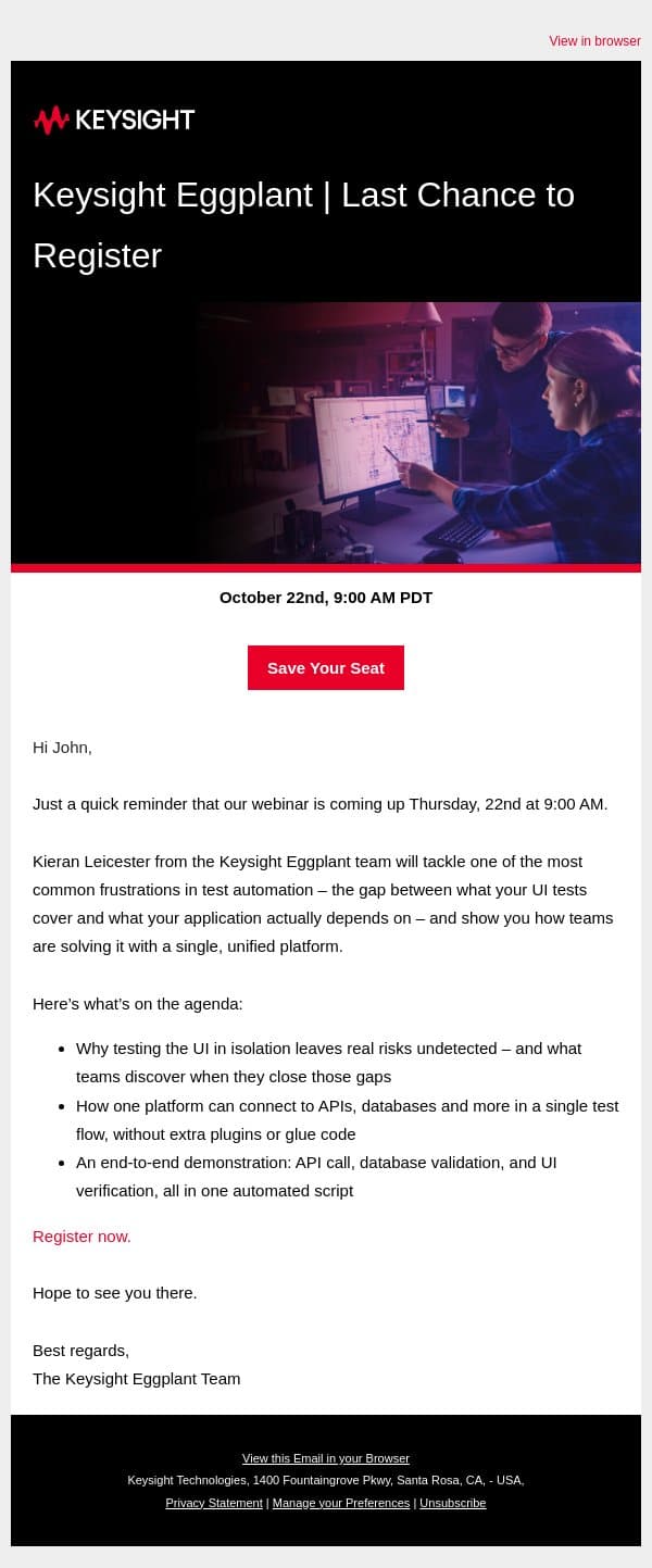 Joining Us On October 22nd? Here’s What to Expect email from Eggplant (Keysight Technologies) screenshot