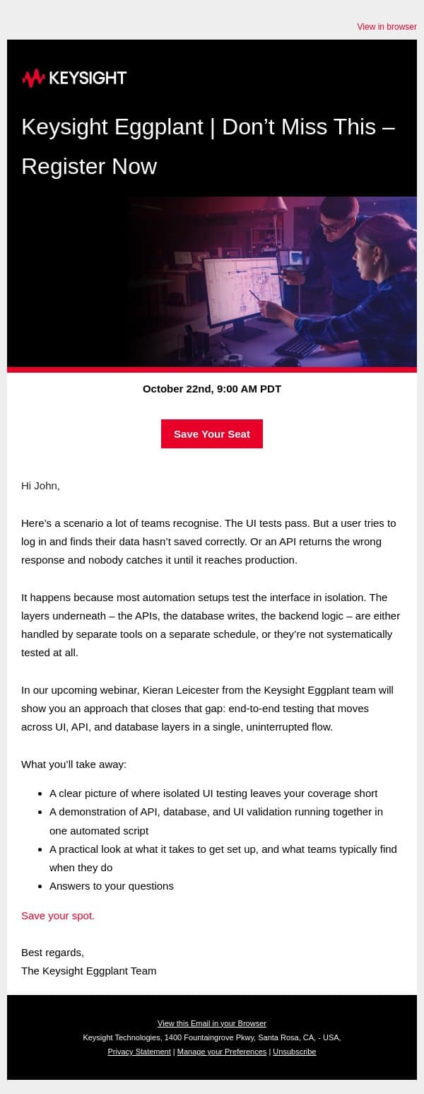 Your UI Tests Pass. But Does the Data Behind Them? email from Eggplant (Keysight Technologies) screenshot