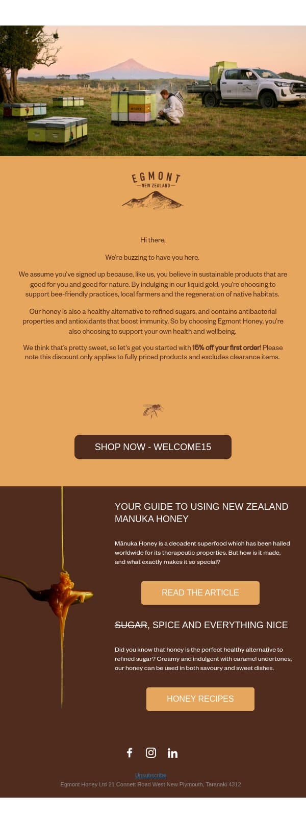 We're buzzing to have you here email from Egmont Honey screenshot