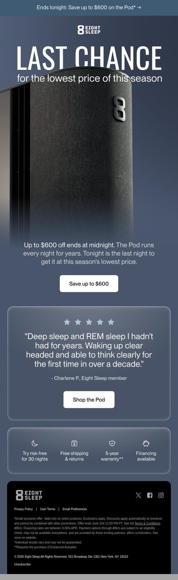 Sale ends tonight at midnight* email from Eight Sleep screenshot