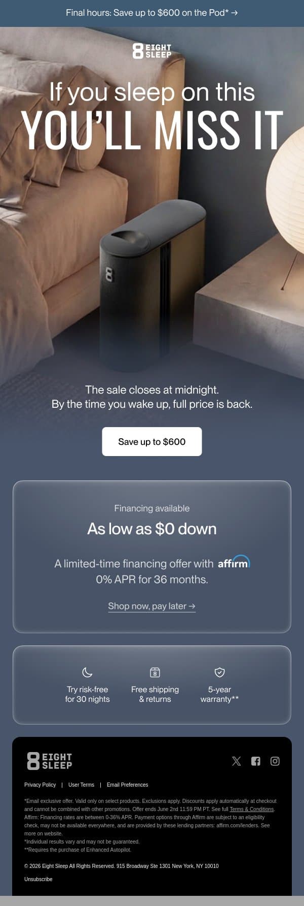 Final hours.* email from Eight Sleep screenshot