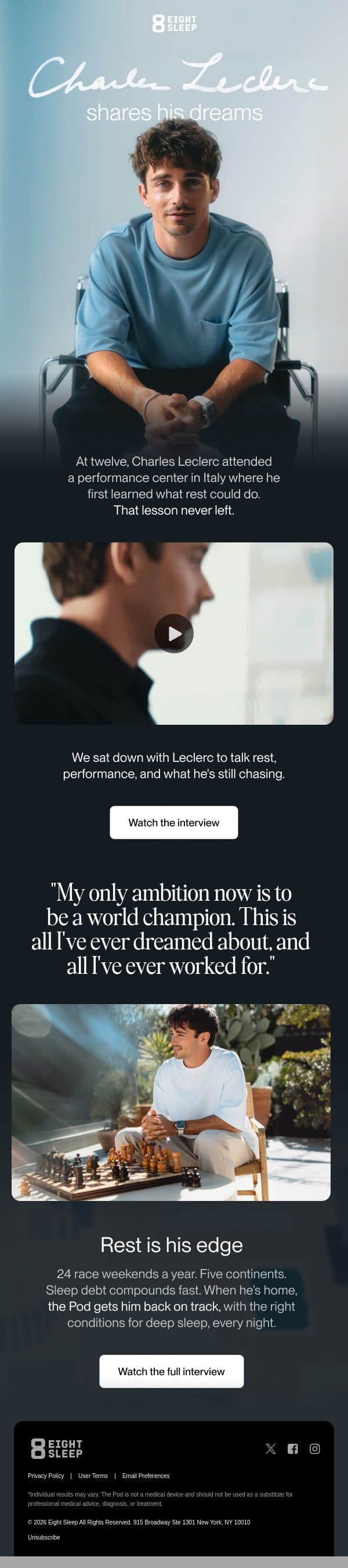 What does Charles Leclerc dream about? email from Eight Sleep screenshot