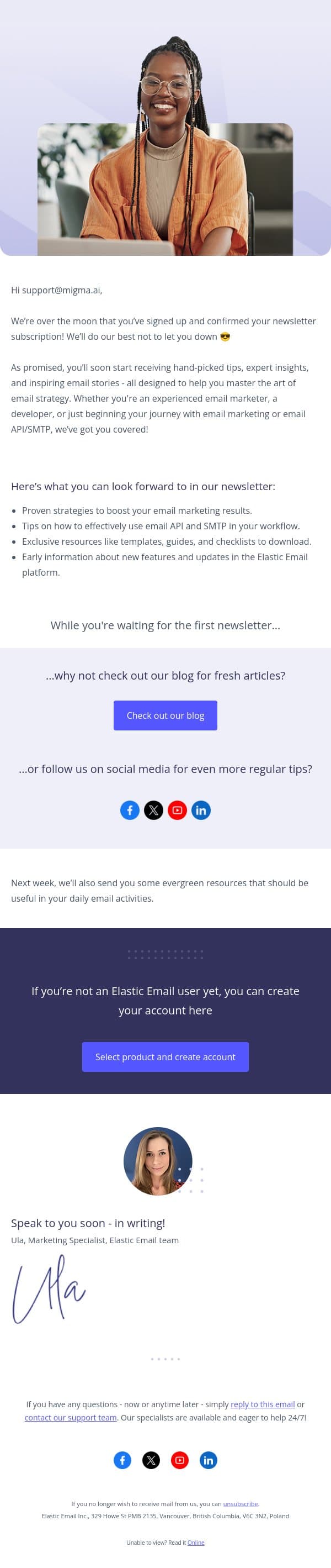 You’re in! 🎉 Welcome to the Elastic Email Newsletter email from Elastic Email screenshot