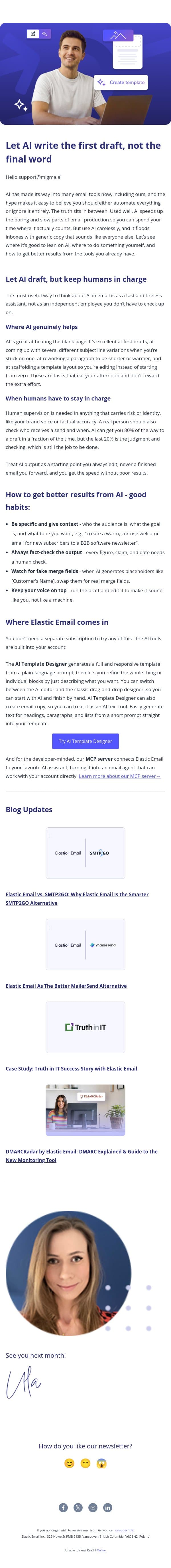 Let AI write the first draft, not the final word email from Elastic Email screenshot