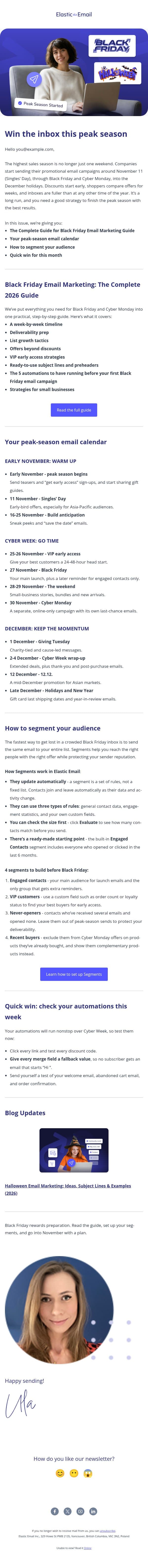 Peak season starts now: dates, segments and subject lines email from Elastic Email screenshot