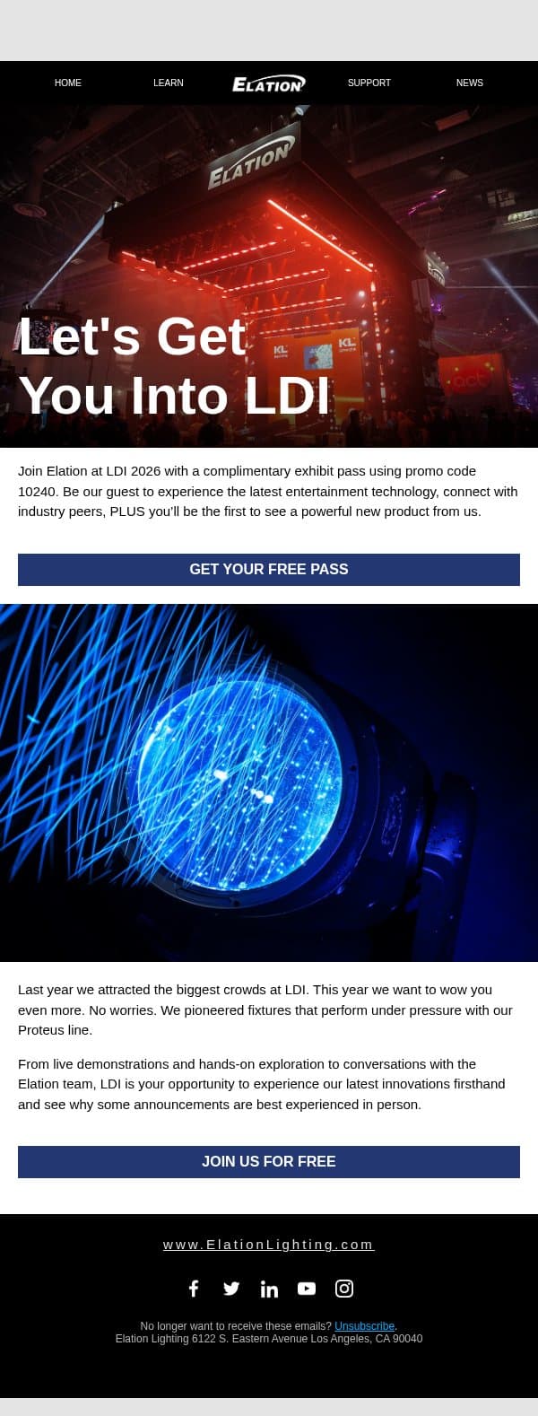Your Free Pass to LDI 2026 email from Elation Professional screenshot