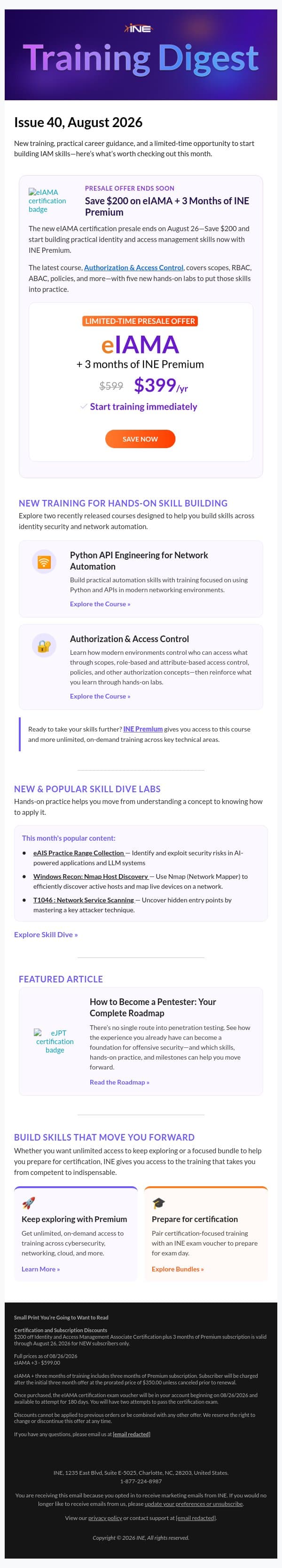 August Training Digest: Save $200 on eIAMA Through Aug. 26 email from eLearnSecurity screenshot