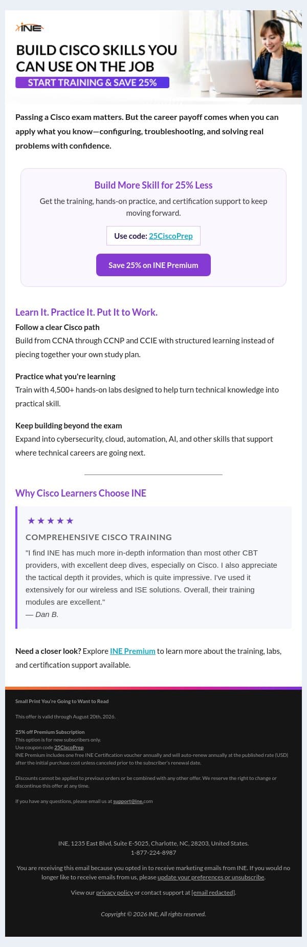 25% Off INE Premium: Turn Cisco Prep Into Practical Skill email from eLearnSecurity screenshot