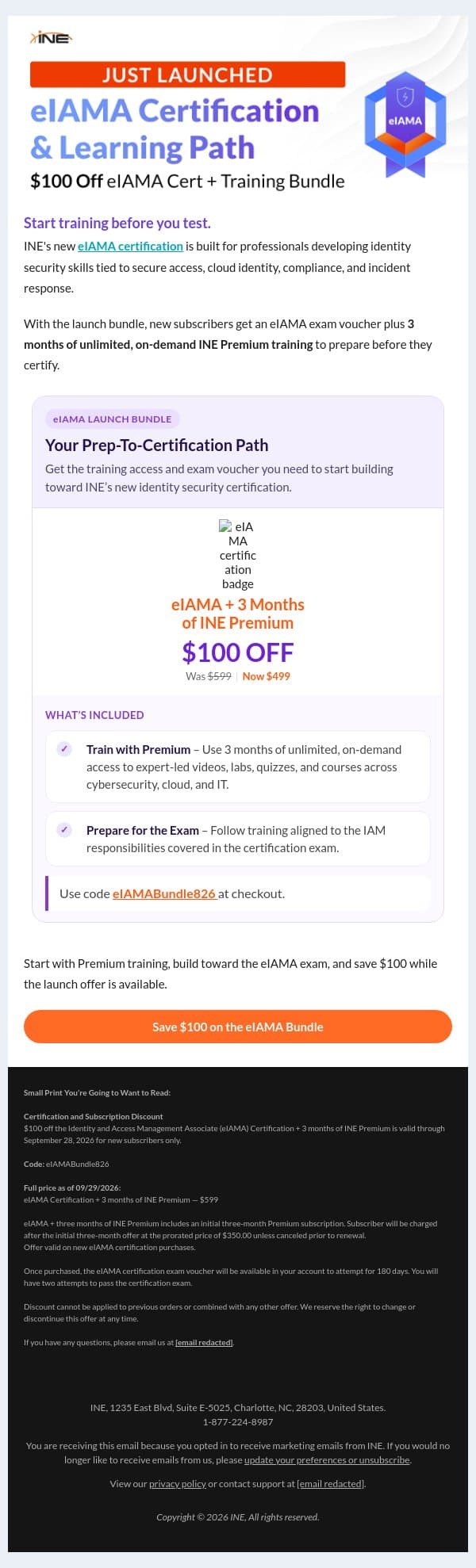 Get Certified With INE Premium email from eLearnSecurity screenshot