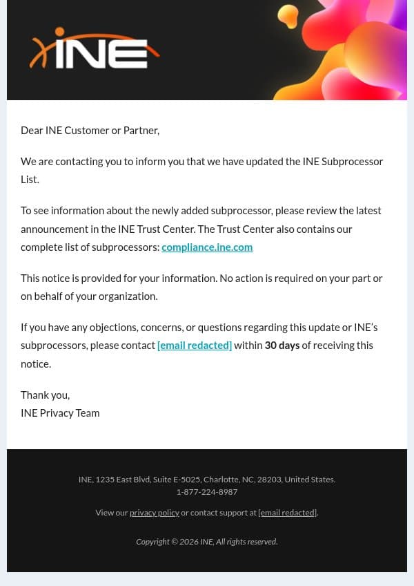 INE Subprocessor List Update email from eLearnSecurity screenshot