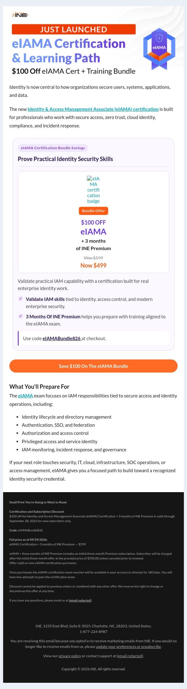 Your eIAMA Certification Path Starts Now. email from eLearnSecurity screenshot
