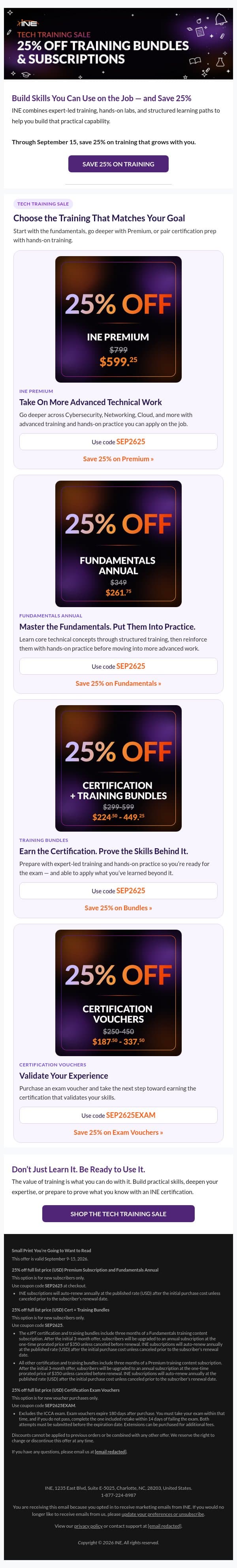 Just Launched: 25% Off INE Training and Certification email from eLearnSecurity screenshot