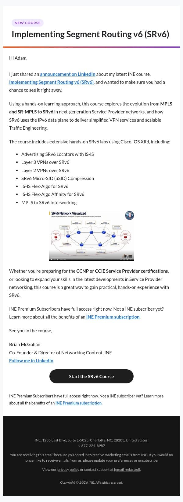 MPLS → SRv6: My New INE Course Is Live email from eLearnSecurity screenshot
