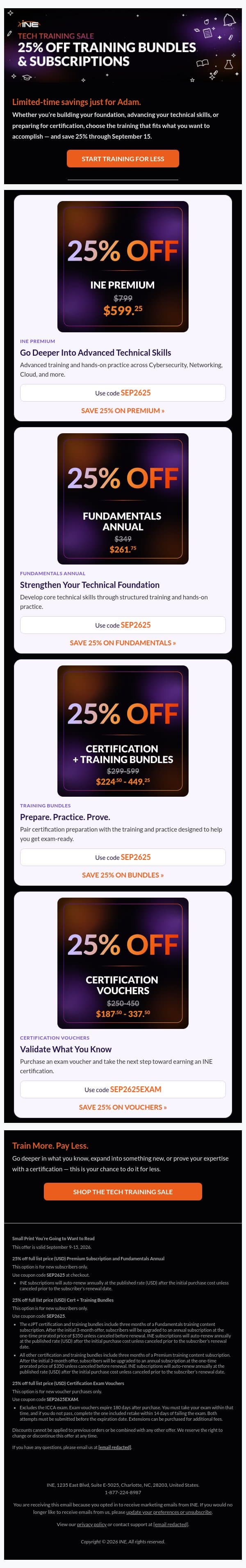 Your Goal, Your Training, Your 25% Savings. email from eLearnSecurity screenshot