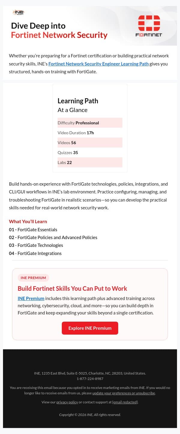 Build Practical Fortinet Network Security Skills with INE email from eLearnSecurity screenshot