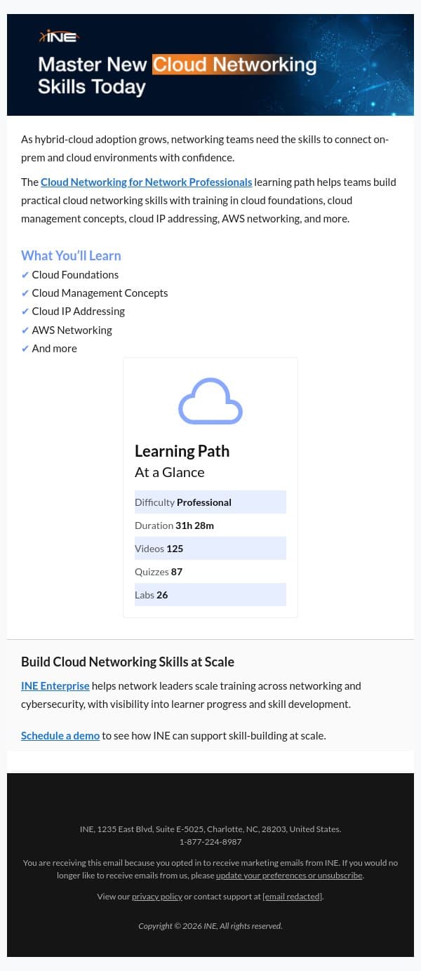 Build Cloud Networking Skills Across Your Team with INE email from eLearnSecurity screenshot