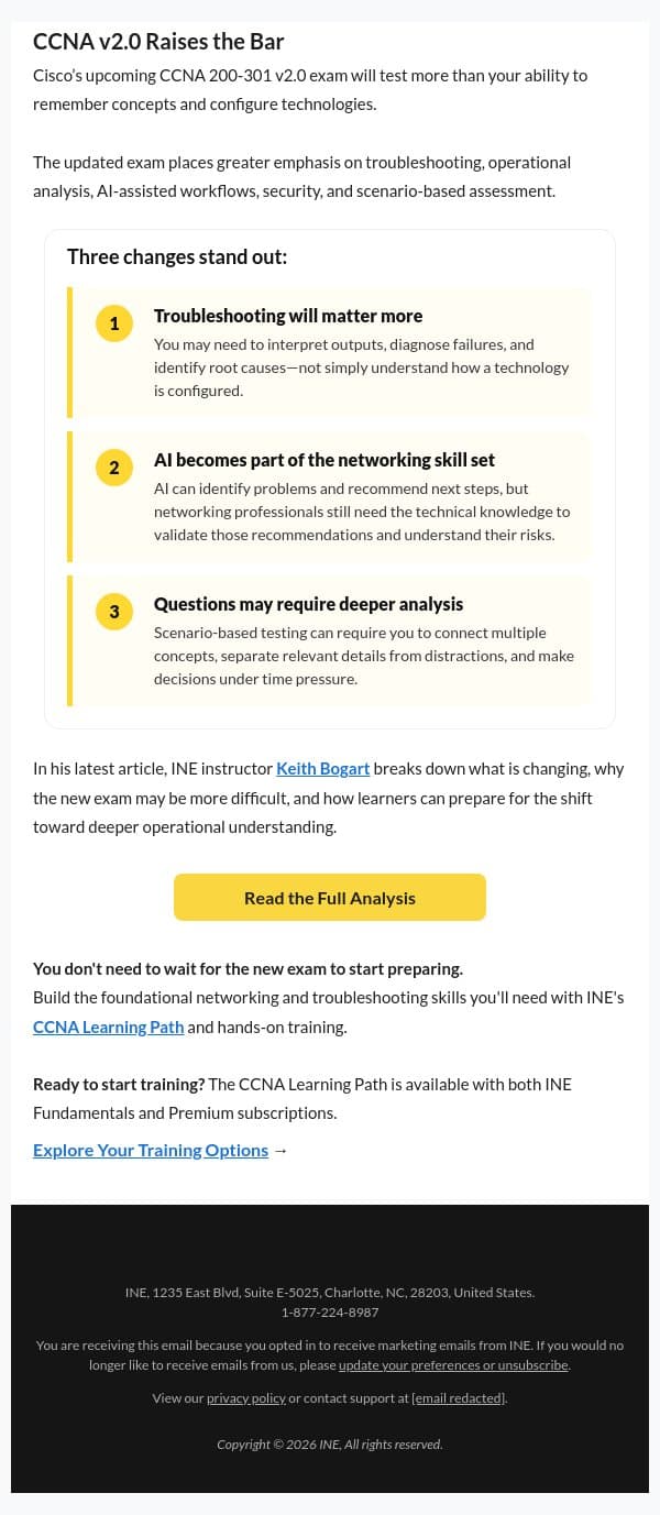 A New Cisco CCNA is Coming: Here's What to Expect. email from eLearnSecurity screenshot