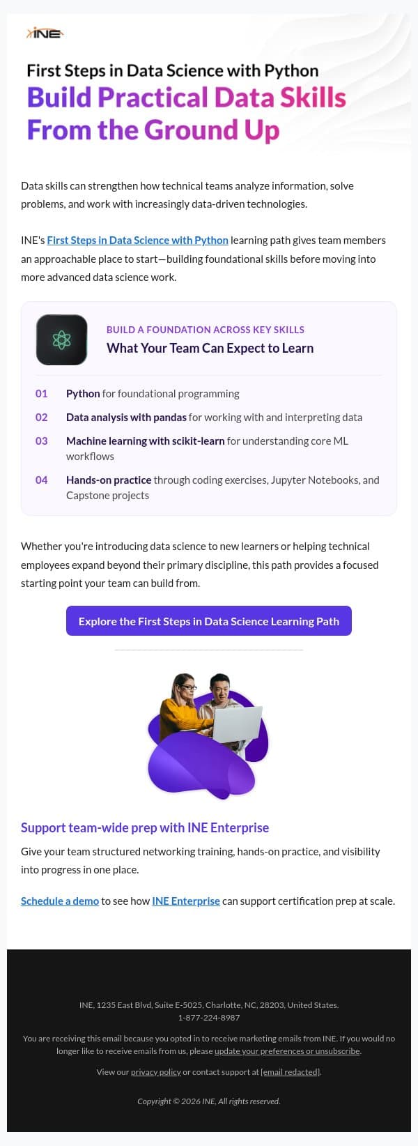 Give Your Team a Practical Start in Data Science email from eLearnSecurity screenshot