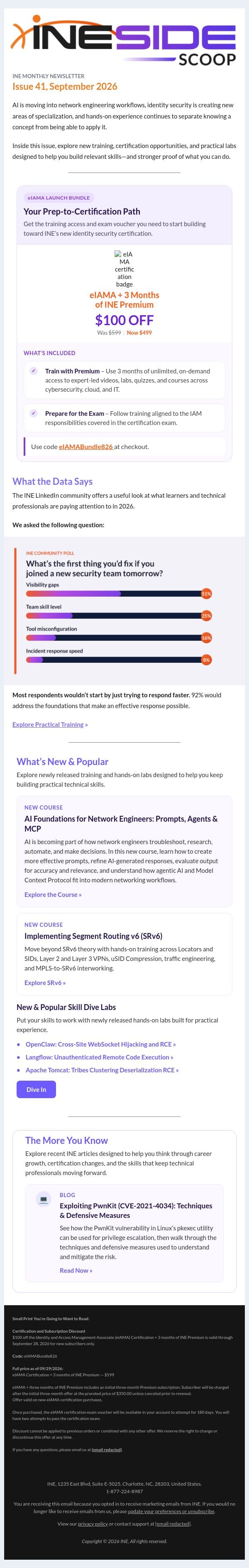 News from INE: Sept. 2026 — Save $100 on eIAMA + Premium email from eLearnSecurity screenshot