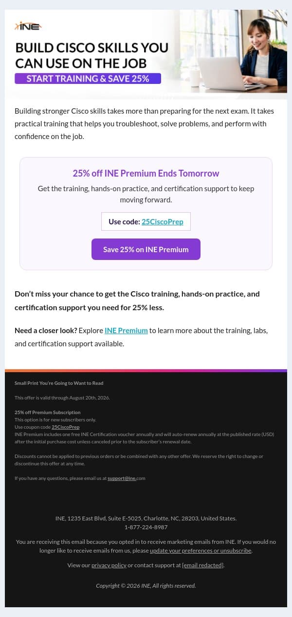 Ends Tomorrow: Save 25% on INE Premium email from eLearnSecurity screenshot