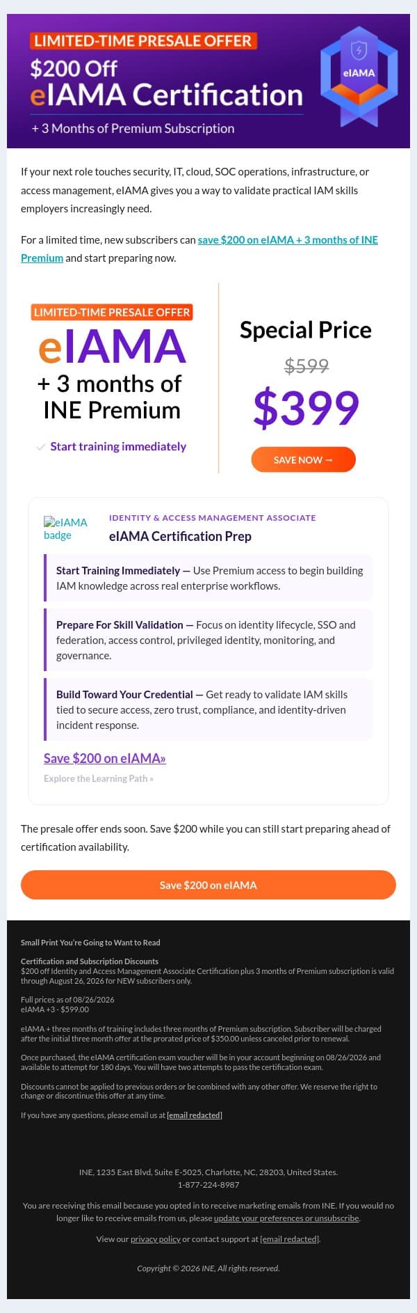 Last Chance: Save $200 on eIAMA email from eLearnSecurity screenshot