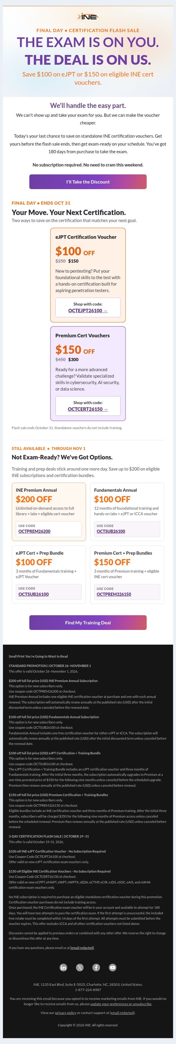 We Can't Take Your Exam. But We Can Save You Up to $150. email from eLearnSecurity screenshot